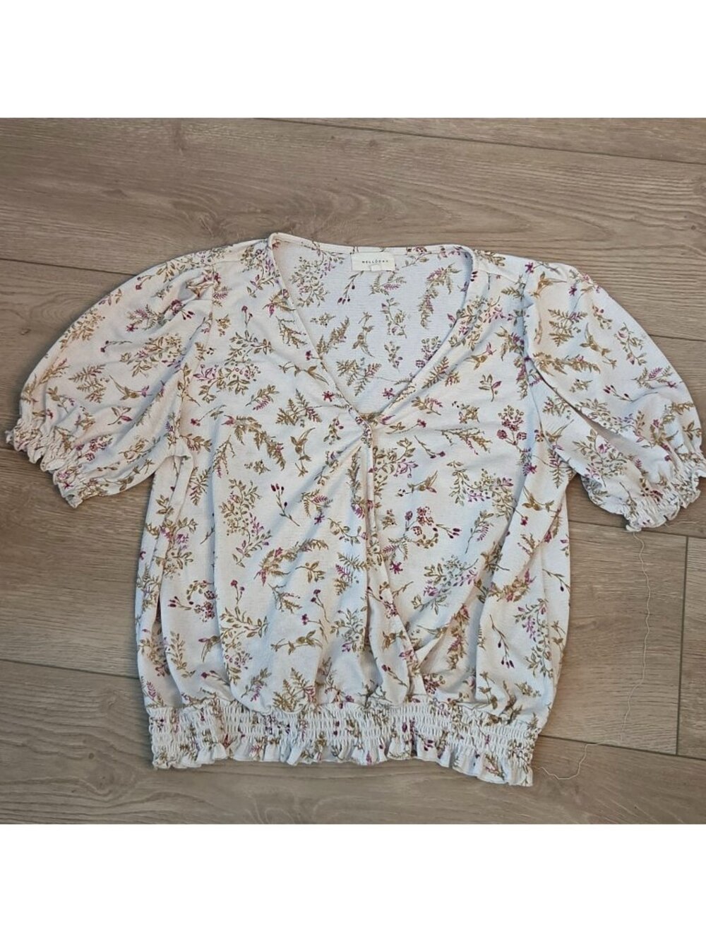 Melloday Ivory Pink Floral Surplice Short Sleeve Top Gathered Hem Womens Large
